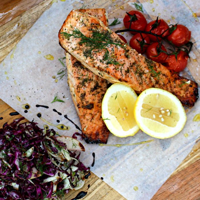 Image of Baked salmon with fennel & tomatoes